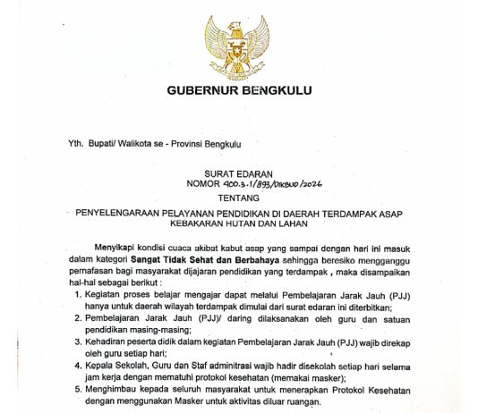 Kabut Asap Memburuk, Gubernur Bengkulu Berlakukan Pembelajaran Jarak Jauh